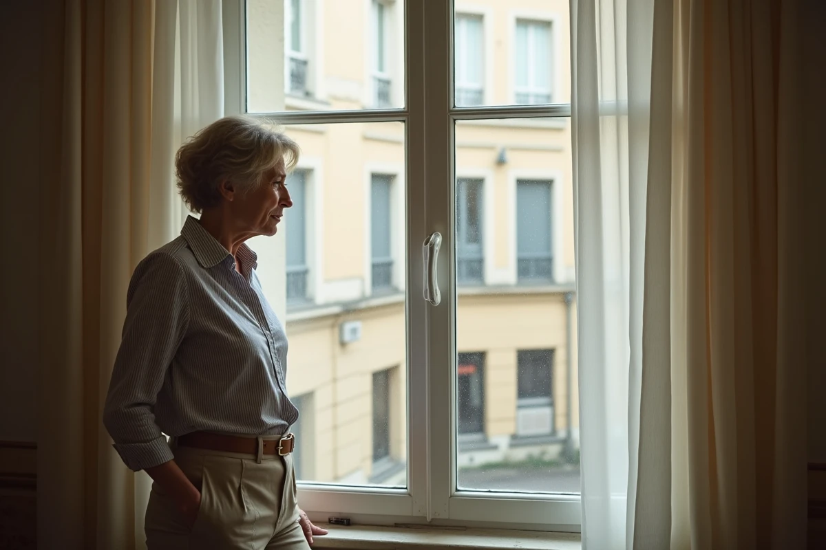 Femme à la fenêtre exprimant son mécontentement face au bruit d'une tondeuse le dimanche