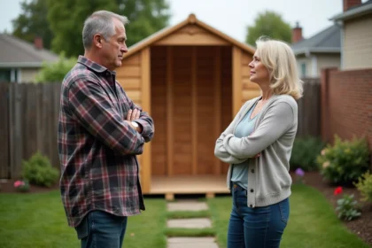 Deux voisins en désaccord de part et d'autre d'une clôture, avec un cabanon en bois partiellement assemblé dans le jardin