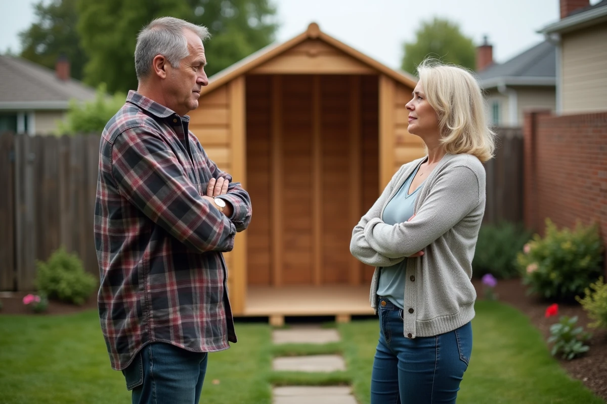 Deux voisins en désaccord de part et d'autre d'une clôture, avec un cabanon en bois partiellement assemblé dans le jardin